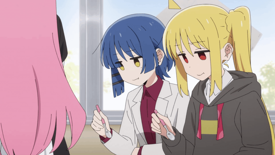 yamada ryou and ichiji nijika eat omurice while looking disappointed and unimpressed.