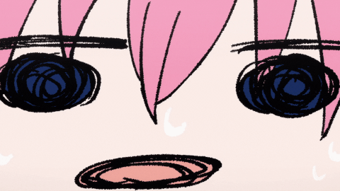 a close up of bocchis face. it's poorly drawn yet she's clearly panicing