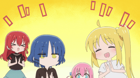 ijichi nijika and ikuyokita clap with excitement. yamada ryou claps with an apathetic expression. bocchi peeks out cautiously from the bottom of the screen.