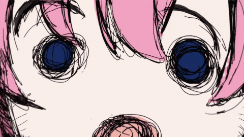 a close up of bocchis face, crudely drawn. she has a shocked expression and is moving erratically.