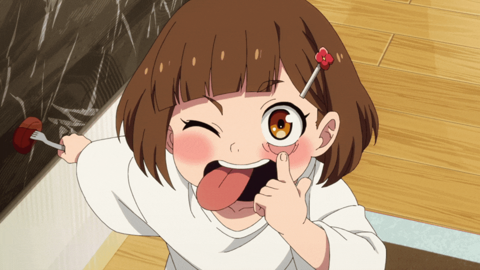 a cute anime girl pulling down her lower eyelid and sticking out her tongue