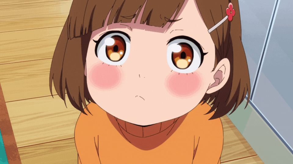 a cute anime girl pouting with puffed out cheeks and big eyes