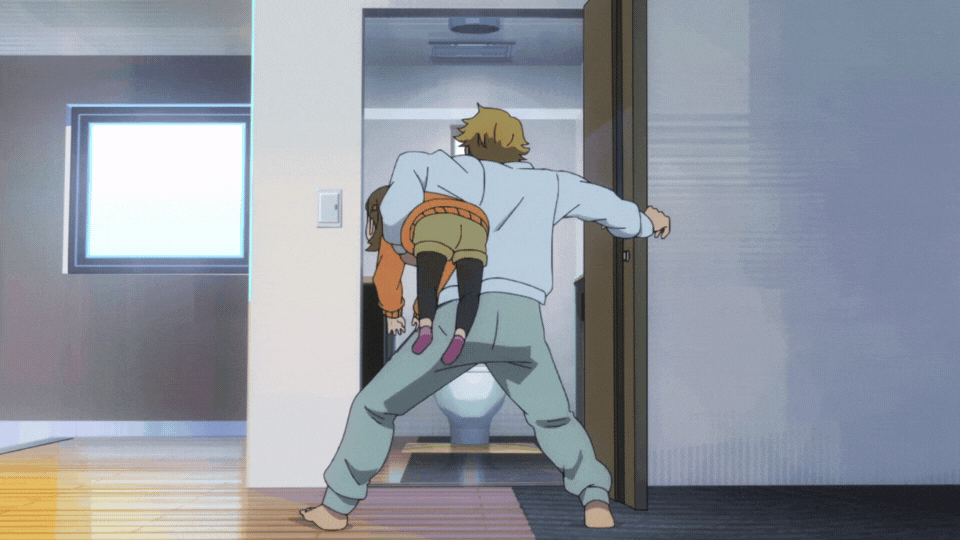 a young anime man throwing a young girl into the bathroom and slamming the door