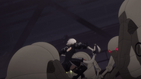 2B cutting up some robots and doing a cool spin. it's really well animated