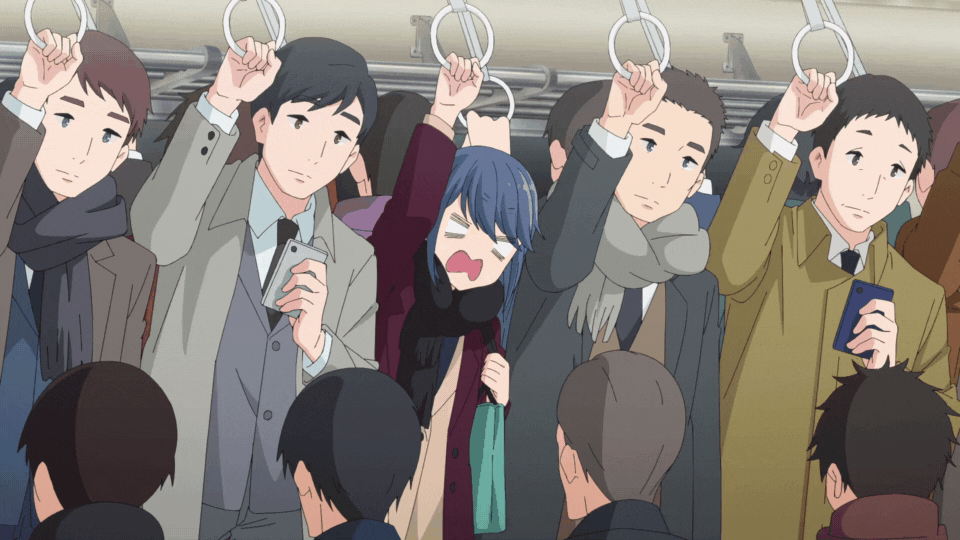 Shima Rin is on a packed train, sandwiched between four men as the crowd sways left and right. she's having a bad time.