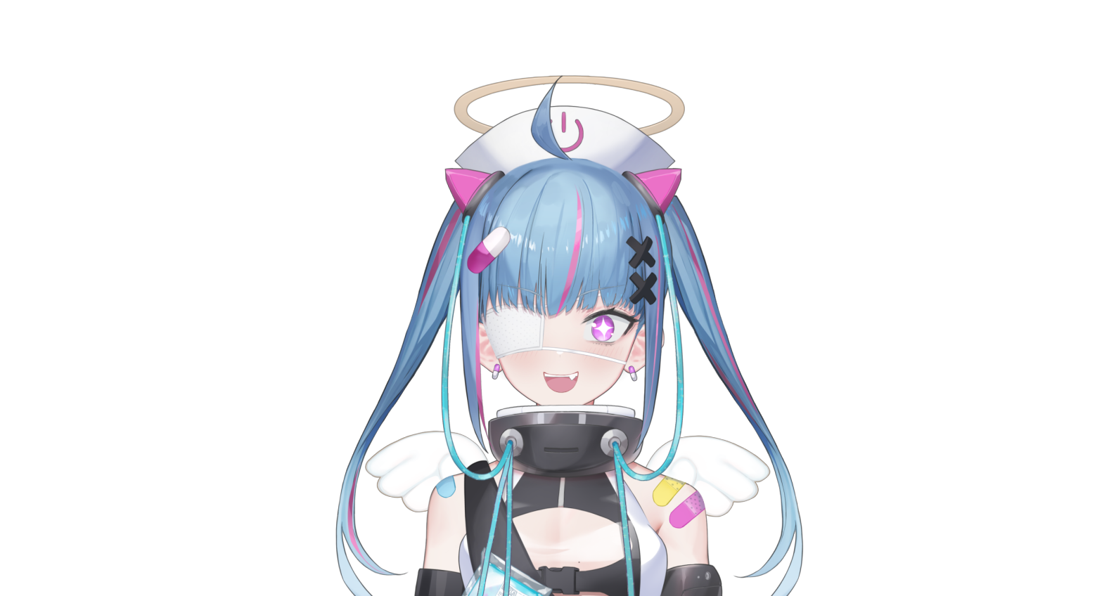 a digital tenshi with a medical eyepatch and a pink eye with a pink + instead of a pupil. she has a cute fang. it's really cute. chuuni cute.